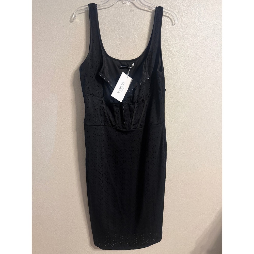 Bloomchic Black Eyelet Corset Midi Dress Hook & Eye Front Size 16 Sleeveless - Picture 1 of 10